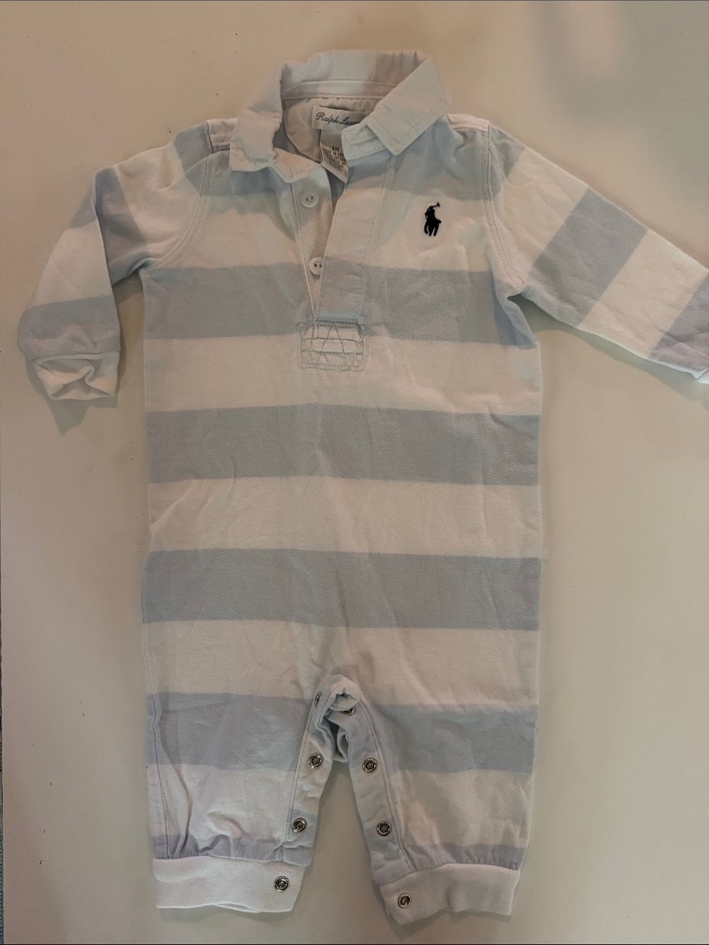 Ralph Lauren Light Blue & White Striped Polo Footie